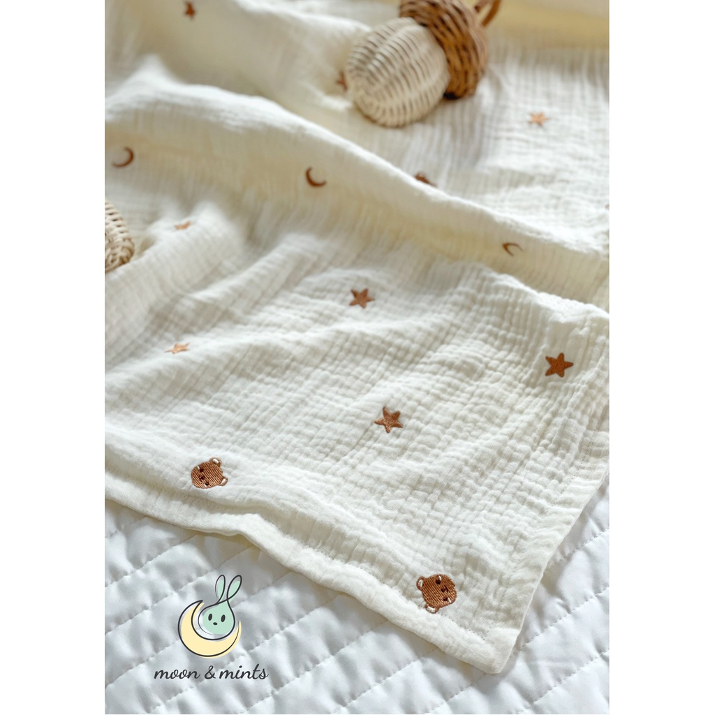 Chăn xô sợi gạc organic muslin Moon&Mints thêu gấu, thỏ cho bé, 4 lớp phong cách Hàn quốc