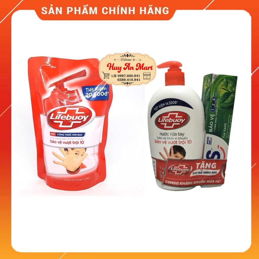 Nước rửa tay Lifebuoy bảo vệ vượt trội 500g tặng kèm kem đánh răng PS Trà xanh 80g