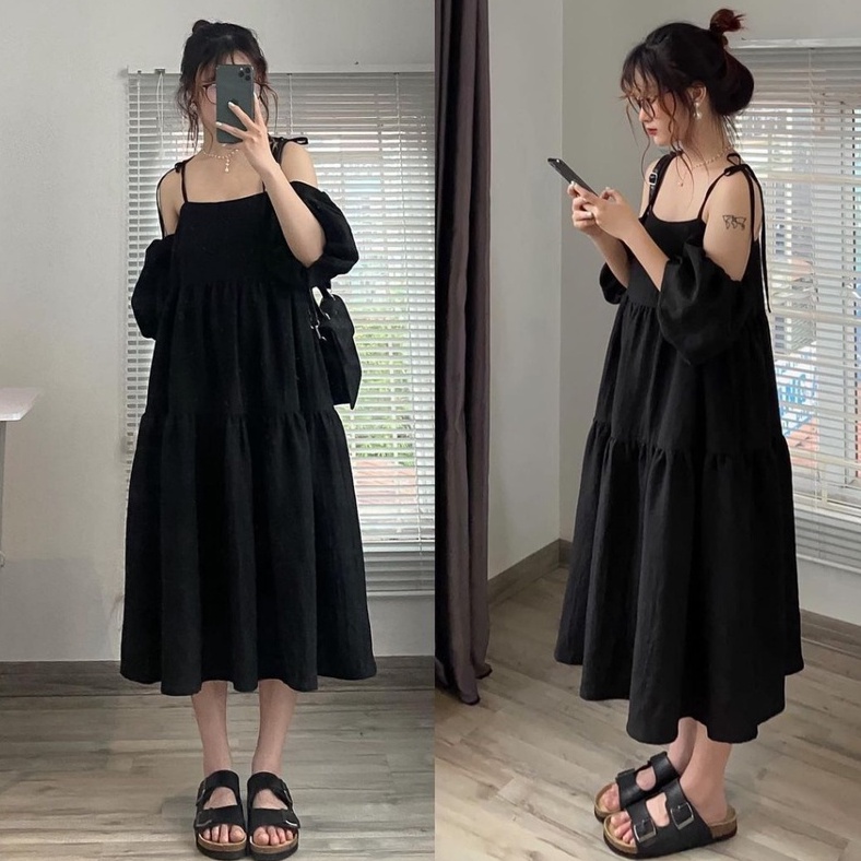 Đầm Váy Babydoll 2 Dây Buộc Nơ Tay Bồng Có Thể Tháo Rời 2 Lớp - Hanju