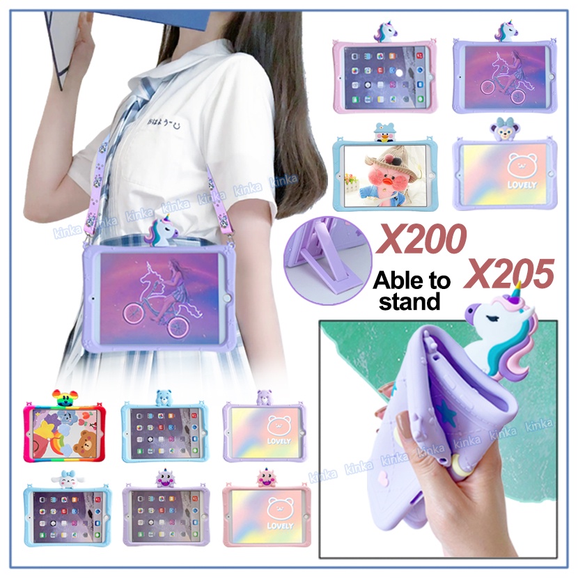 Ốp lưng họa tiết hoạt hình 3D dễ thương Cầu vồng Unicorn Gấu Silicone mềm Dây đeo vai Đế đựng Máy tính bảng cho Samsung Galaxy Tab A8 10.5 SM-X200 X205 X207 A 8.0 SM-T290 T295 T297 A7 Lite 8.7 SM-T220 225 10,4 SM-T500 505 507 505N S6 Lite SM-P610 615 2021