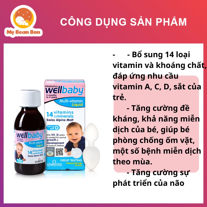 Vitamin WELLBABY INFANT LIQUID 150ml của Anh Quốc cho bé từ 6 tháng đến 4 tuổi hay biếng ăn hấp thụ kém chứa vitamin C