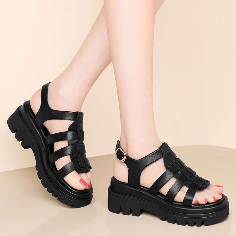 Giày sandal IELGY bằng da đế xuồng phong cách La Mã thời trang cho nữ