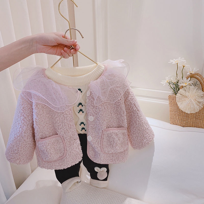 Áo khoác vải nhung ấm áp phong cách Hàn Quốc 2021 thời trang thu đông đáng yêu dành cho bé gái