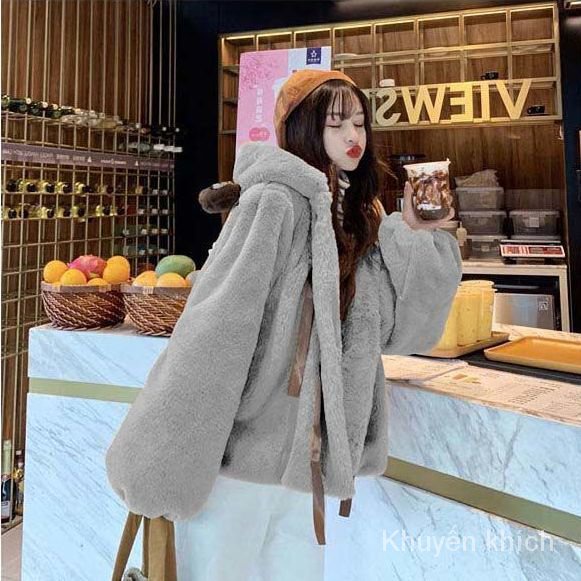 Áo khoác giả lông thỏ dày dặn mềm mại có mũ trùm tai gấu dễ thương thời trang thu đông cho nữ