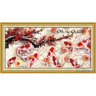 Tranh Thêu Chữ Thập Cá Chép Hoa Đào Đỏ, 222999,99x52cm,chưa thêu
