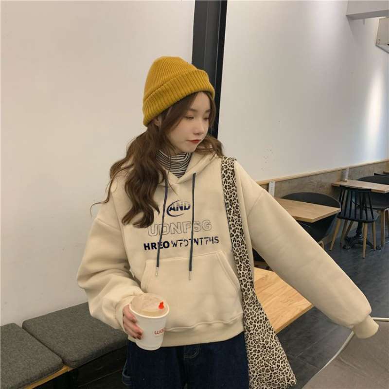 Áo Khoác Liền Mũ Học Sinh Thân Hình Nhỏ Phong Cách Hàn Quốc Mẫu Mới Mùa Thu Đông Áo Hoodie Dáng Ngắn Lót Nhung Dày Dặn Rộng Rãi Cho Nữ
