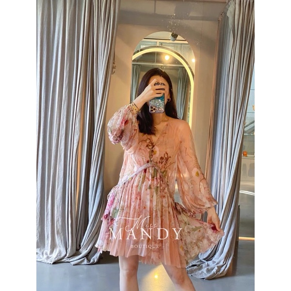 Đầm ngắn dáng xoè tay dài kèm váy hai dây hoạ tiết hoa thương hiệu Zimmermann cao cấp