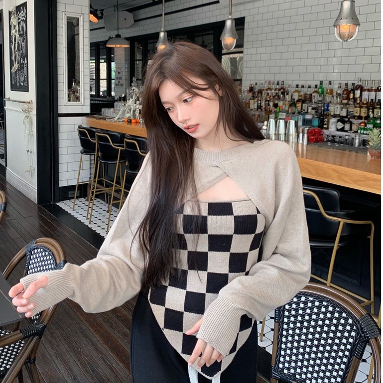 Set áo khoác và áo khoác tay dài họa tiết ca rô nhiều màu sắc thời trang dành cho nữ