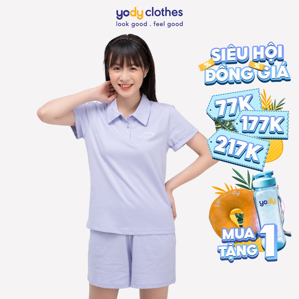 Đồ bộ nữ cotton YODY có cổ cộc tay thoáng mát, thoải mái để mặc nhà BDN5056
