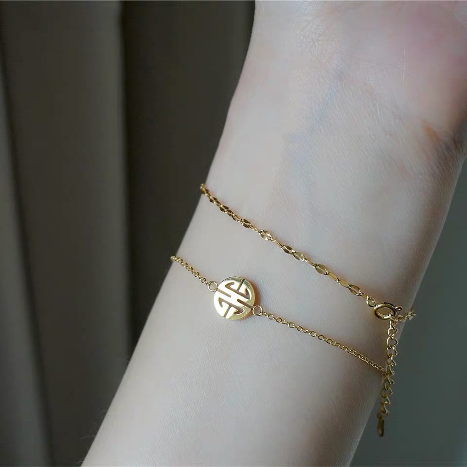 Vòng tay/ lắc chân nhỏ may mắn tinh tế phong cách Hàn Quốc thiết kế tròn đơn giản bằng thép titan mạ vàng hồng/vàng