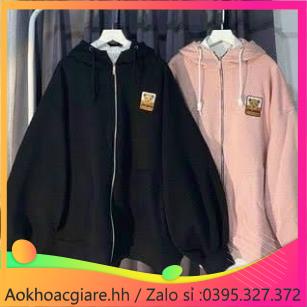 Áo khoác nam nữ nỉ ngoại dây kéo logo vuông đầu gấu