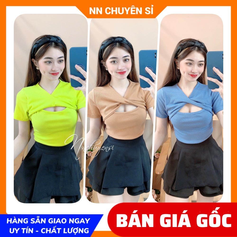 Áo kiểu nữ chất thun gân mềm mịn co giãn lên phom siêu ôm dáng phối xoắn cổ hở ngực dễ thương AK1260