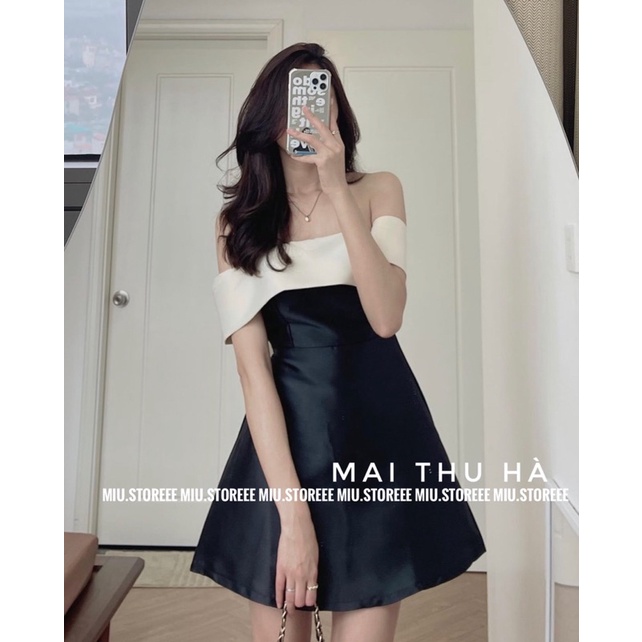 [ẢNH THẬT] VÁY ĐẦM ĐEN TRỄ VAI PHỐI NƠ BE KEM XINHH ĐI TIỆC | BigBuy360 - bigbuy360.vn