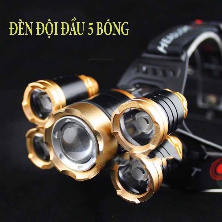 [FREESHIP] Đèn pin đội đầu 5 bóng LED T6 gồm 3 chế độ sáng + Tặng kèm 2 pin sạc và sạc