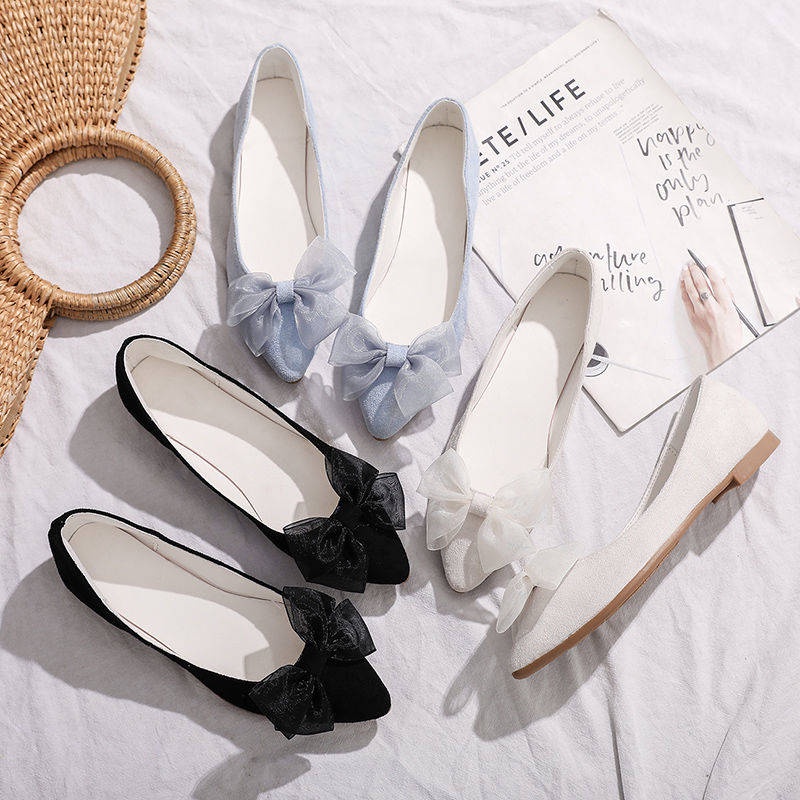 Giầy lười Giày Búp Bê Đế Bằng Mũi Nhọn Đính Nơ Thời Trang Mùa Hè