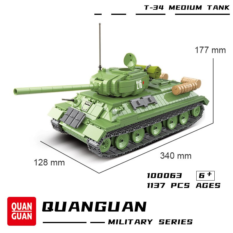 Đồ chơi Lắp ráp Mô hình xe tăng 100063 WW2 Blocks T-34 Medium Tank