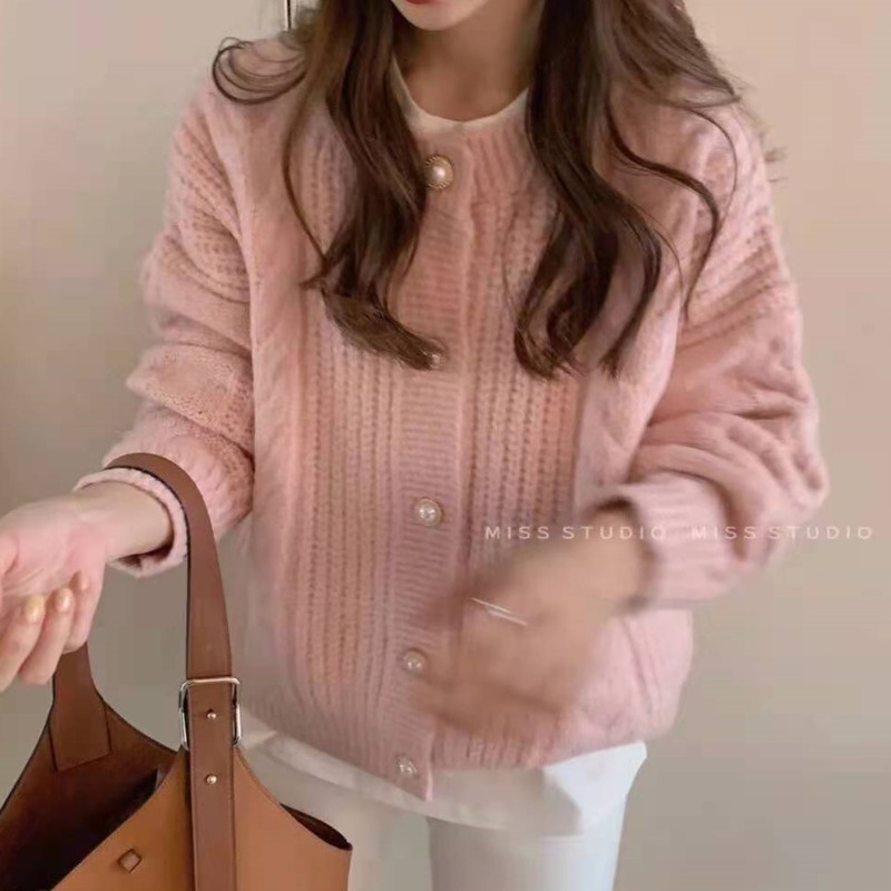 Áo khoác cardigan RENJIANVSHENG dệt kim tay dài dáng rộng màu sắc đơn giản phong cách Hàn Quốc thời trang