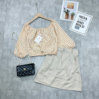 Set áo kẻ caro + chân váy kaki