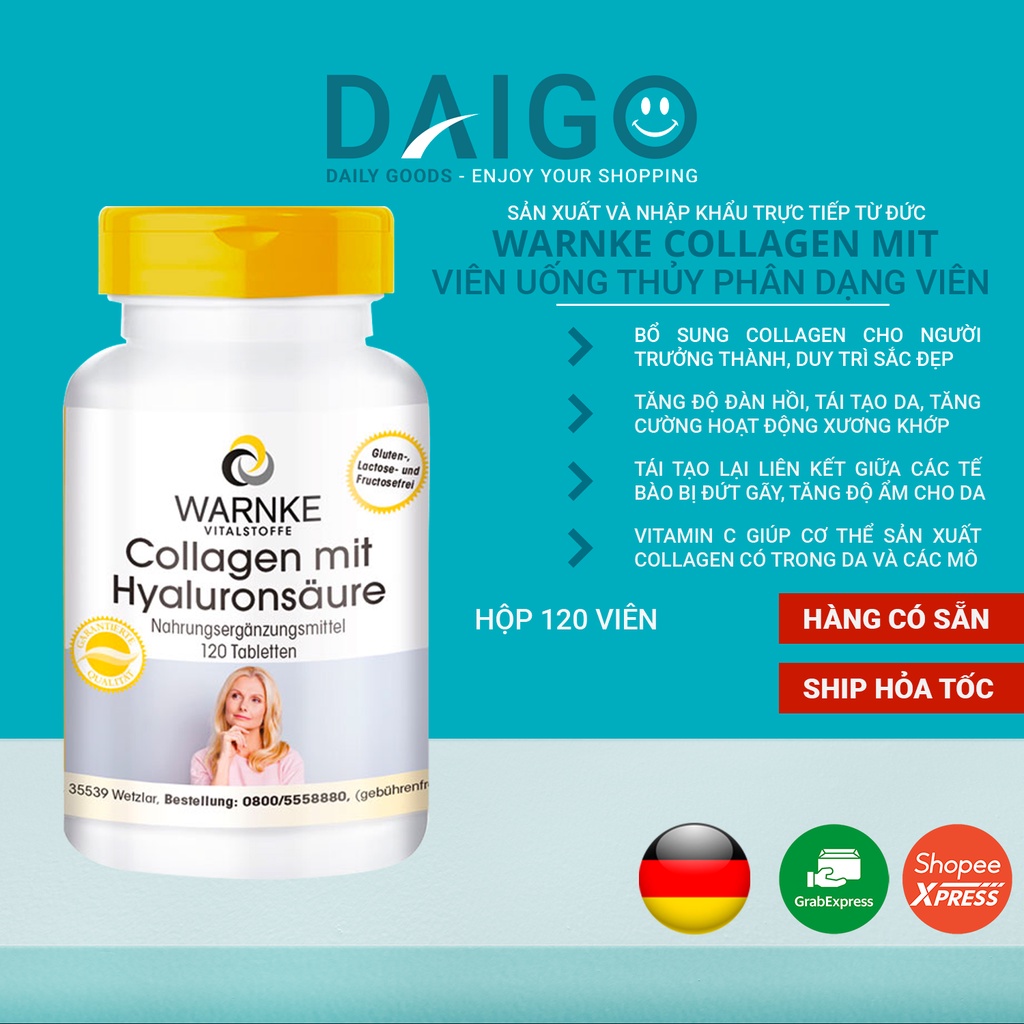 Collagen Thủy Phân, chống lão hóa, đẹp da, không tăng cân - WARNKE COLLAGEN MIT HYALURON (120 Viên)