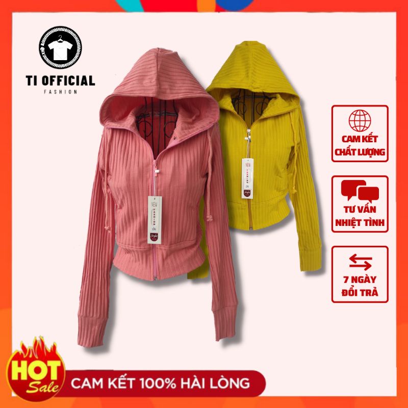 Áo khoác lửng nữ croptop thun gân dài tay có 4 túi và mũ chùm đầu lớn