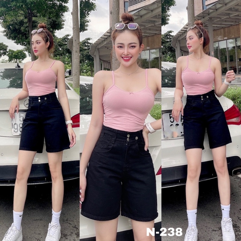 Quần short jean bò nữ Đen Basic có size dáng ngố lửng ống rộng chất bò trơn mền dày sịn basic dễ phối đồ MS 238