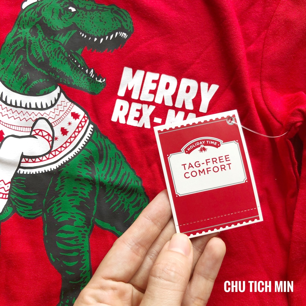 Áo Phông Dài Tay Bé Trai Xuất Xịn Khủng Long Merry Christmas Áo Thun Bé Trai Cho Bé 4 Đến 14 Tuổi
