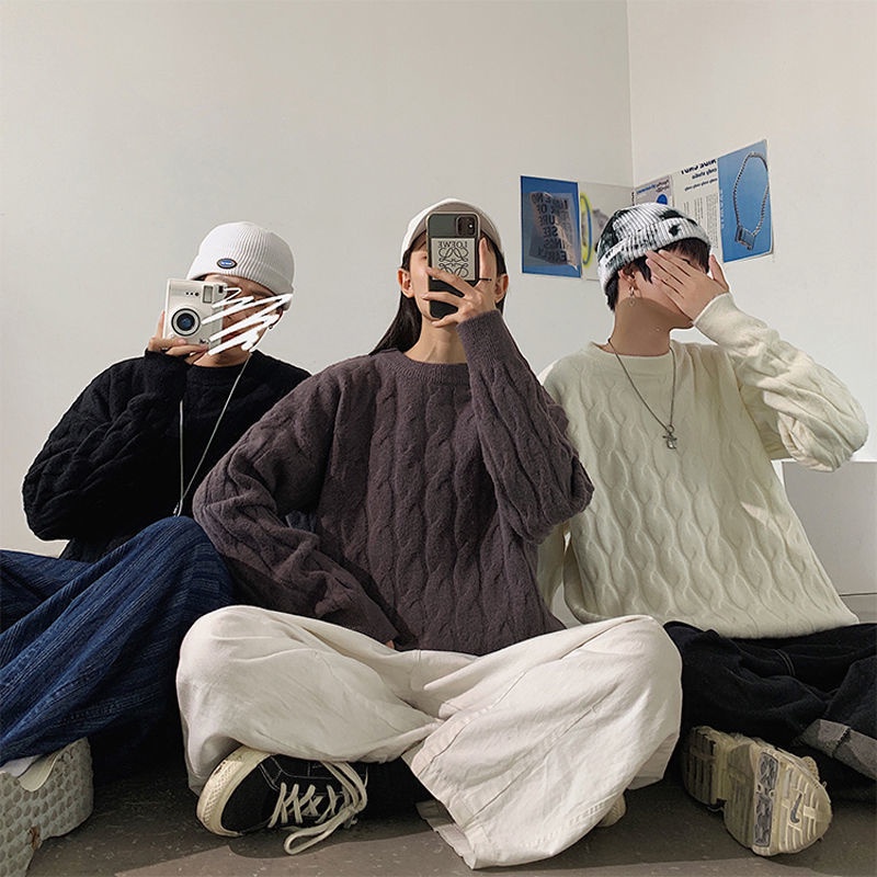 Áo Sweater Cổ Tròn Dáng Rộng Màu Sắc Đơn Giản Thời Trang Thu Đông Phong Cách Hàn Quốc Cho Nam Và Nữ