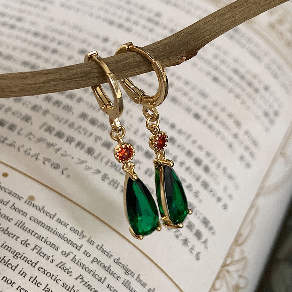 Bông Tai Đính Đá Pha Lê Màu Xanh Lá Cây Phong Cách Cổ Điển Thời Trang Cho Nữ