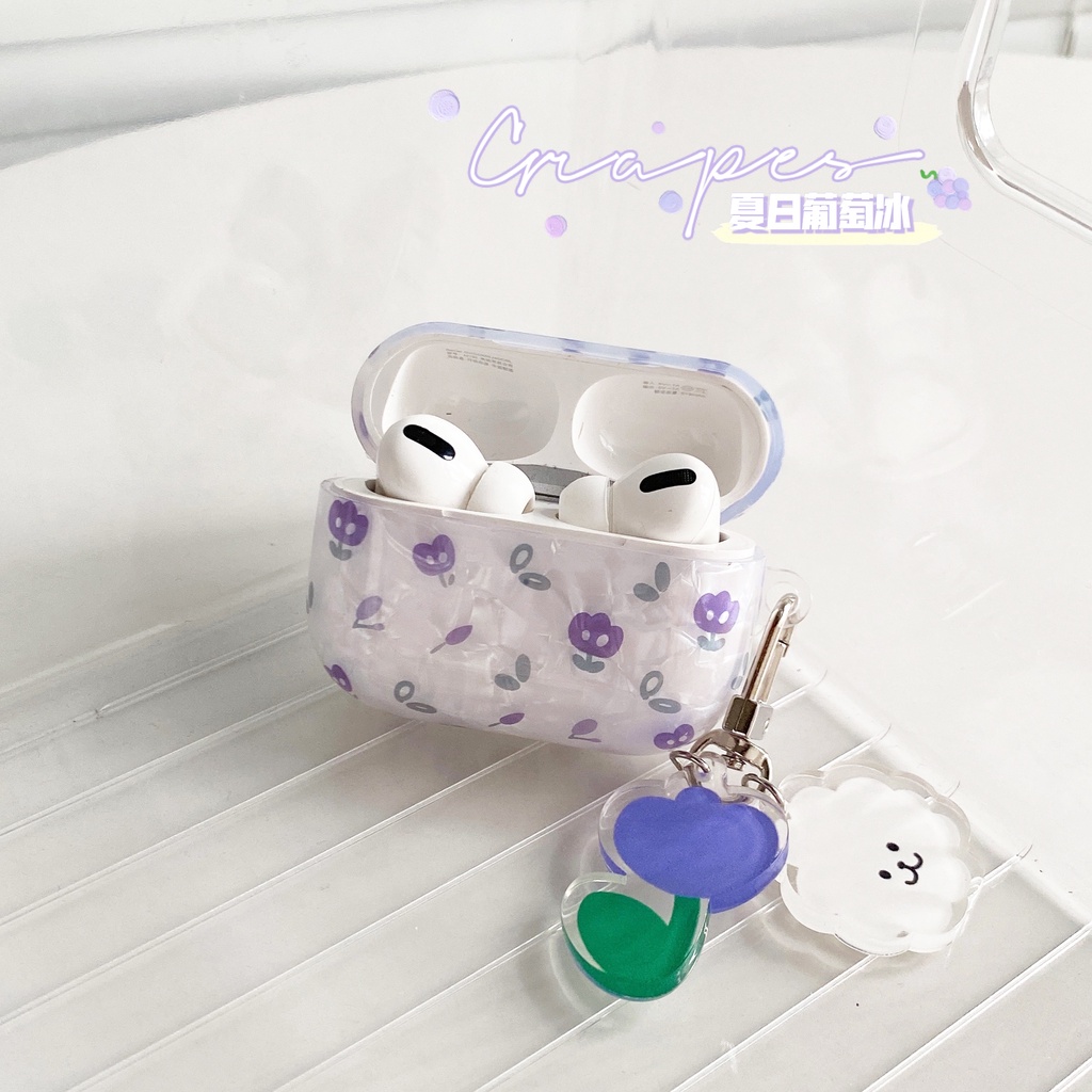 Vỏ bảo vệ hộp sạc tai nghe Bluetooth không dây Airpods 1/2/3 pro gắn hoa tulip in vỏ sò laser bắt mắt