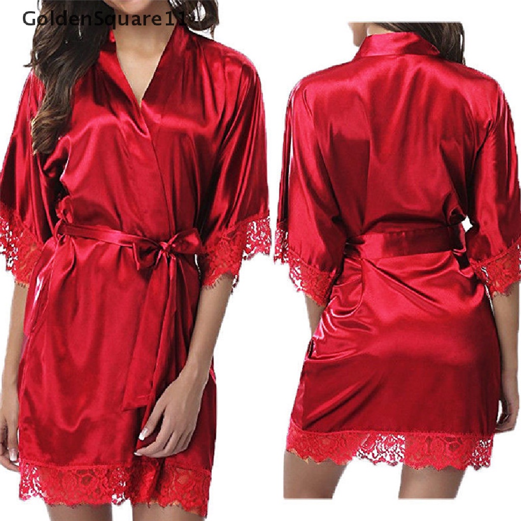 [GoldenSquare11] Sexy Women Lace Long Bride Kimono Robe Satin Silk Night Dressing Gown .
