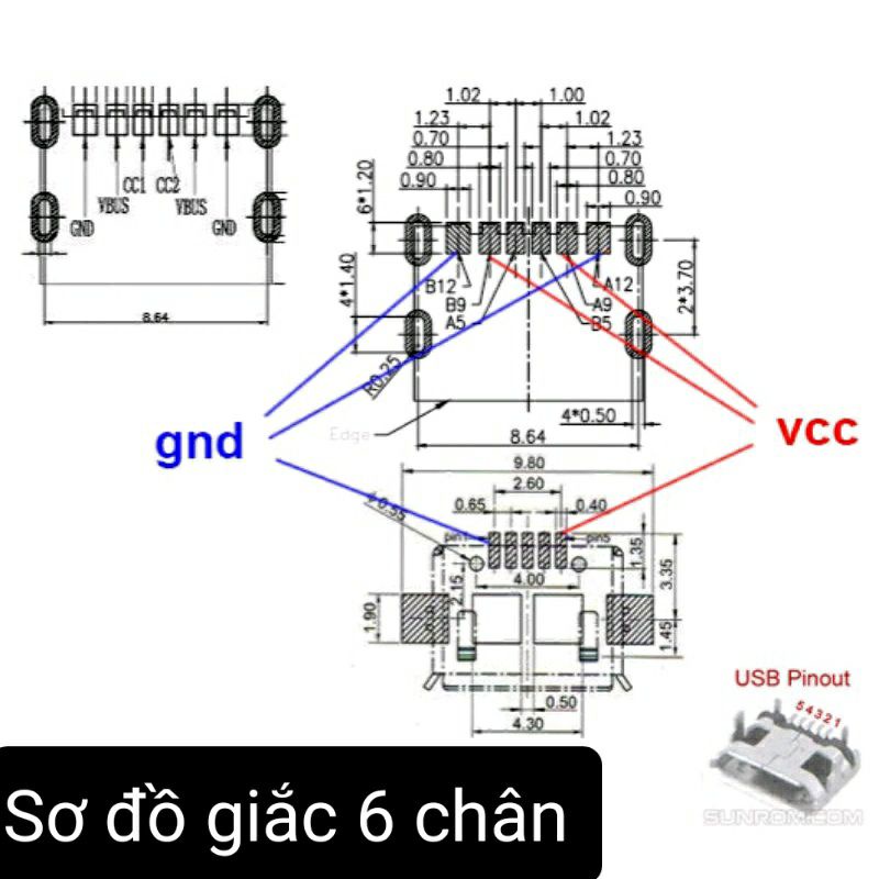 Đầu kết nối USB 3.1 Type-C 2 pin. Jack cái Type-C 6 pin kèm đệm cao su. Giắc nguồn cổng Type-C 2 chân, giắc sạc Type-C