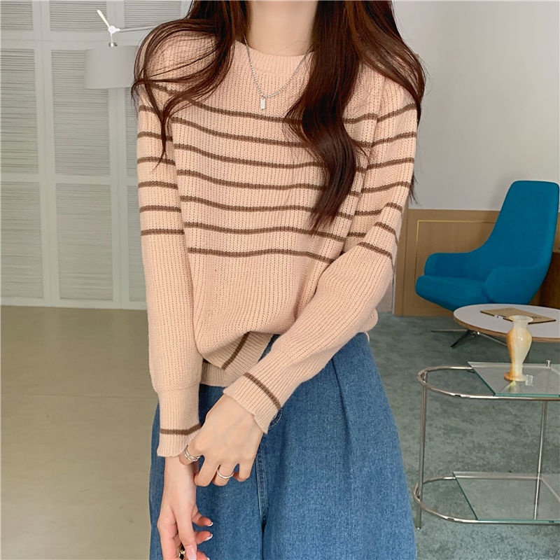 Áo Len Dài Tay Dáng Rộng Họa Tiết Kẻ Sọc Phong Cách Lười Biếng Mới
