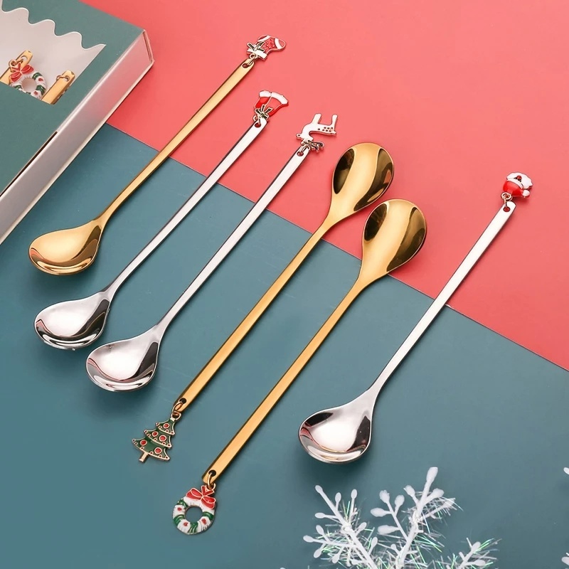 Bộ 1 Muỗng / Nĩa Bằng Thép Không Gỉ Phong Cách Giáng Sinh Năm Mới