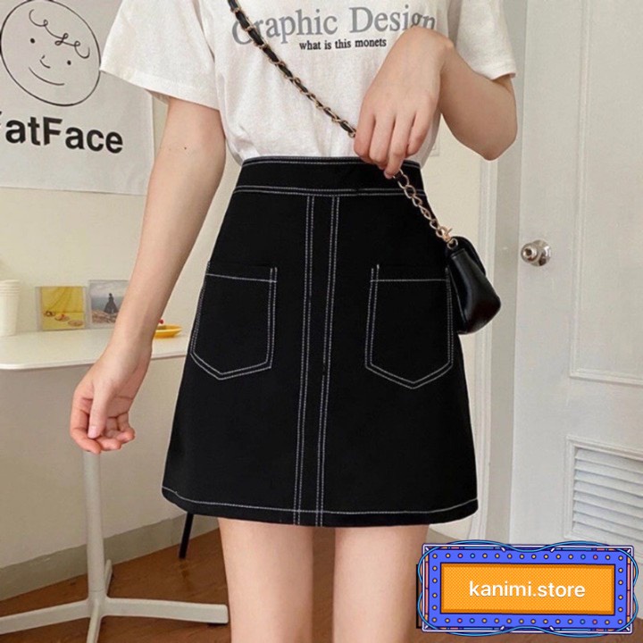 Chân váy ngắn chữ a trần chỉ nổi giả túi thời trang Kanimi | BigBuy360 - bigbuy360.vn