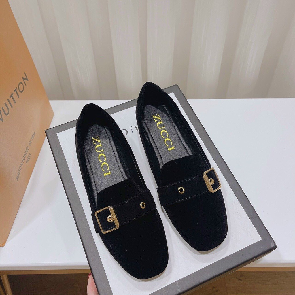 Giày nữ - giày búp bê nữ đế bệt nhung mix khóa vuông sang chảnh