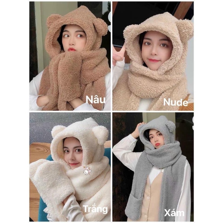 Mũ Len Lông Cừu Tai Gấu Dễ Thương Mùa Đông Kèm Khăn Quàng Cổ Và Găng Tay Phong Cách Hàn Quốc