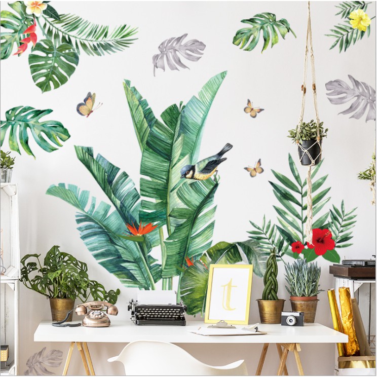 Decal dán tường trang trí - BỤI CHUỐI KẾT HỢP BẠC HÀ HOA ĐỎ CHIM XANH