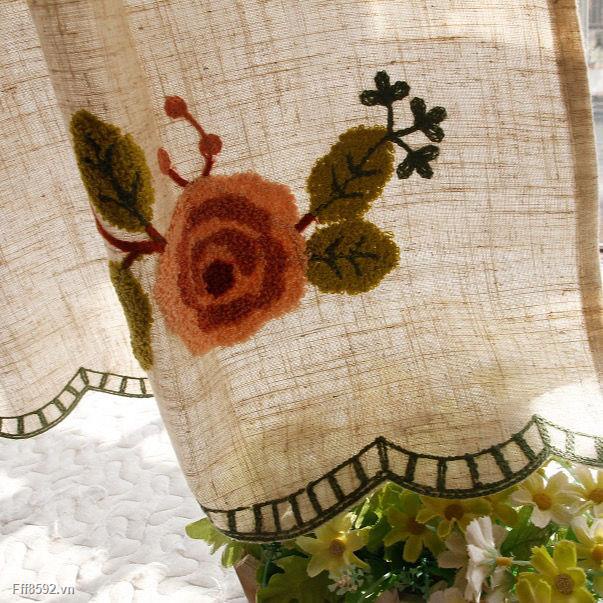 Rèm ngắn vải cotton pha thêu họa tiết trang trí nhà bếp quán cà phê