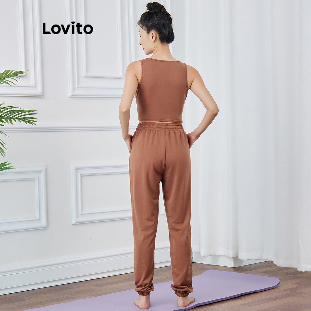 Bộ đồ thể thao Lovito phối túi cột dây đơn giản L15X202 (màu cà phê)