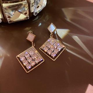 Bông tai hợp kim hình thoi đính đá zircon trắng, Hàn Quốc thiết kế