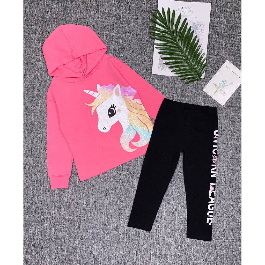 Bộ thun cotton da cá áo có nón hoddie quần legging pony unicorn
