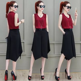 Sét áo đỏ phối quần ống rộng vạt nhọn cực xinh
