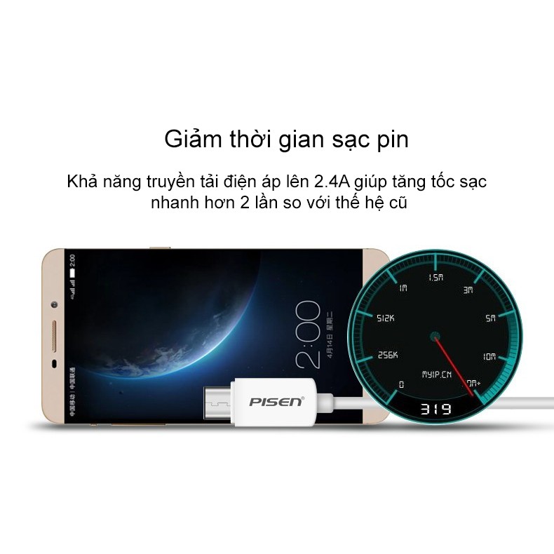 Cáp sạc Pisen USB Type-C 2A 1m – Hàng chính hãng bảo hành 18 tháng