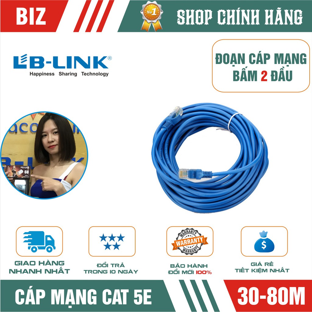 [Mã ELFLASH5 giảm 20K đơn 50K] Đoạn dây cáp mạng Cat5 bấm 2 đầu LB-LINK 30/40/60/80m (Xanh/cam) - Chính hãng