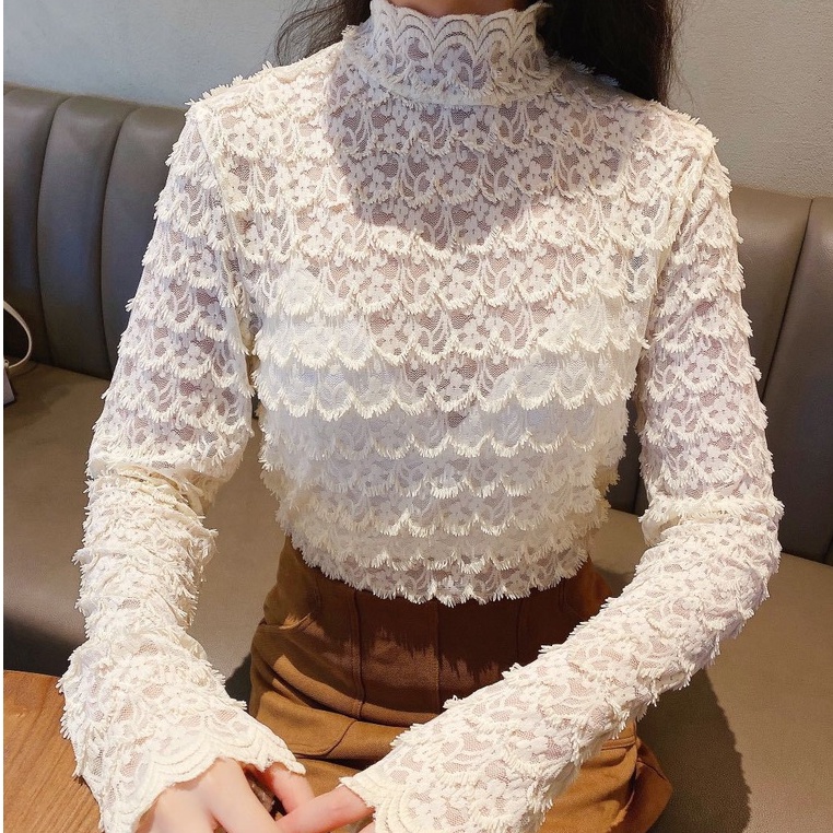 Áo ren tầng nữ dài tay xuyên thấu, áo nữ ren kiểu tay dài dạng áo vảy cá co giãn mềm mịn sexy cho nữ.