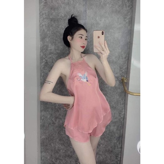 Bộ ngủ yếm đùi satin thêu hạc gợi cảm, set đồ ngủ mặc nhà sexy siêu mát CARY