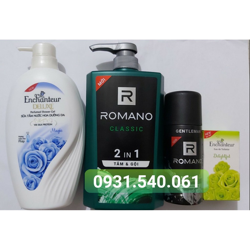 HÀNG MỚI_ COMBO TRỌN BỘ ( SỮA TẮM ENCHANTUER 650G+ NƯỚC HOA 10ML+ ROMANO RIN1 650G + XỊT GENTLEMAN 150ML).