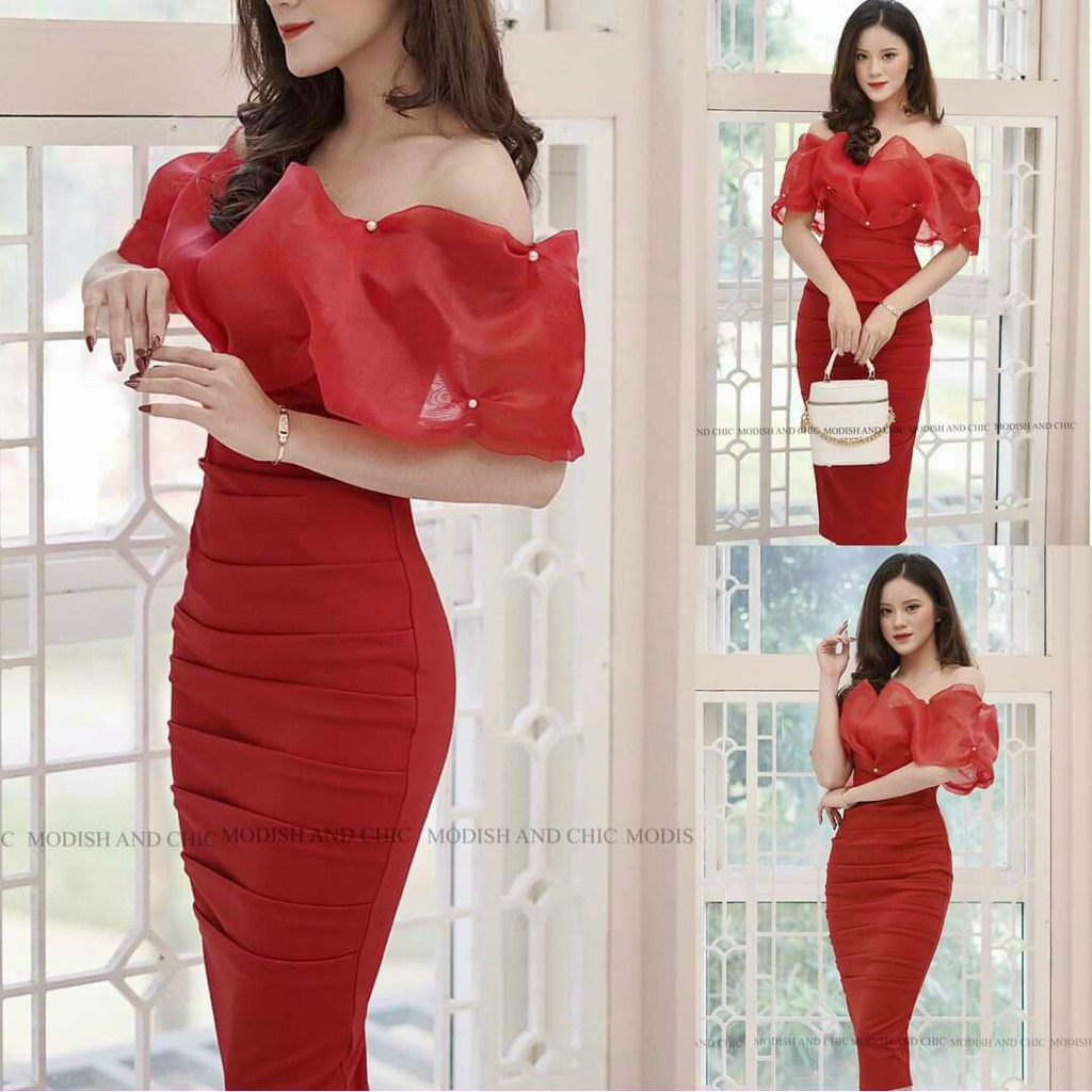 Đầm body trễ vai dáng dài phối voan xếp ly có mút ngực