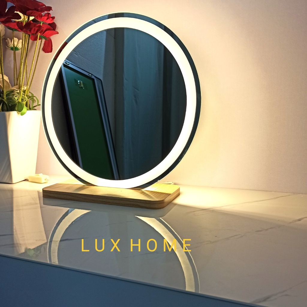 Gương Để Bàn LED Cảm Ứng Chân Gỗ 50 cm x 50 cm LUXHOME, Gương Soi Nịnh nét, Gương decor sang chảnh