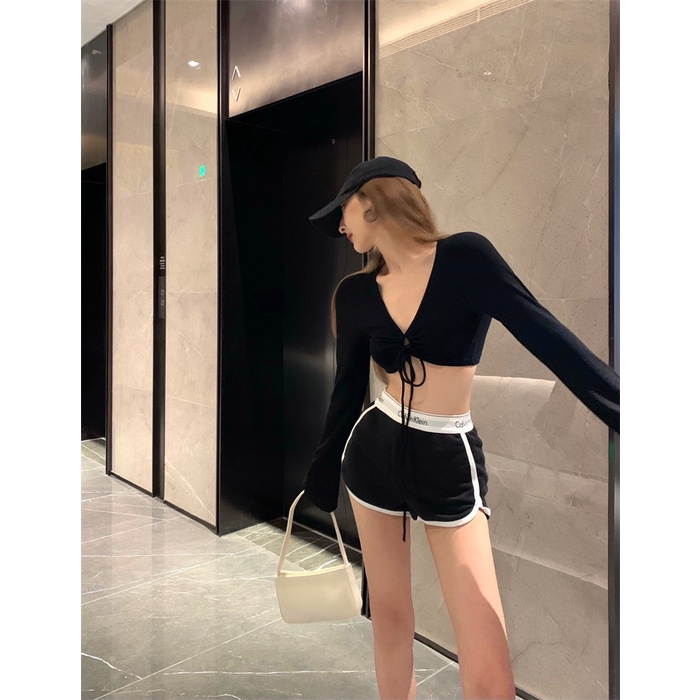 QADCOL  Áo Kiểu Tay Dài Cổ Chữ V Dáng Ôm Thời Trang Retro Cho Nữ